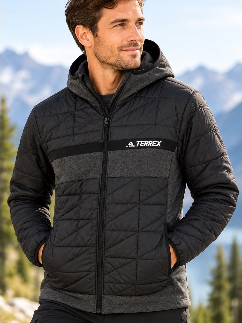 adidas TERREX Black Hooded Hybrid Quilted Jacket Large Outdoor Hiking